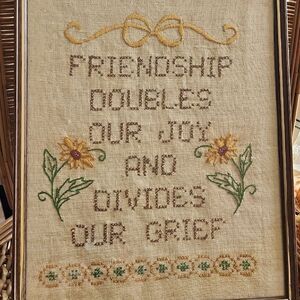 Vintage 60's 70's Embroidered Friendship Quote Framed Wall Art